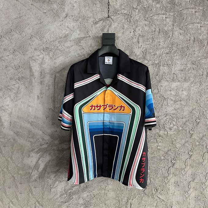 casablanca mountain stripe print silk short sleeve shirt